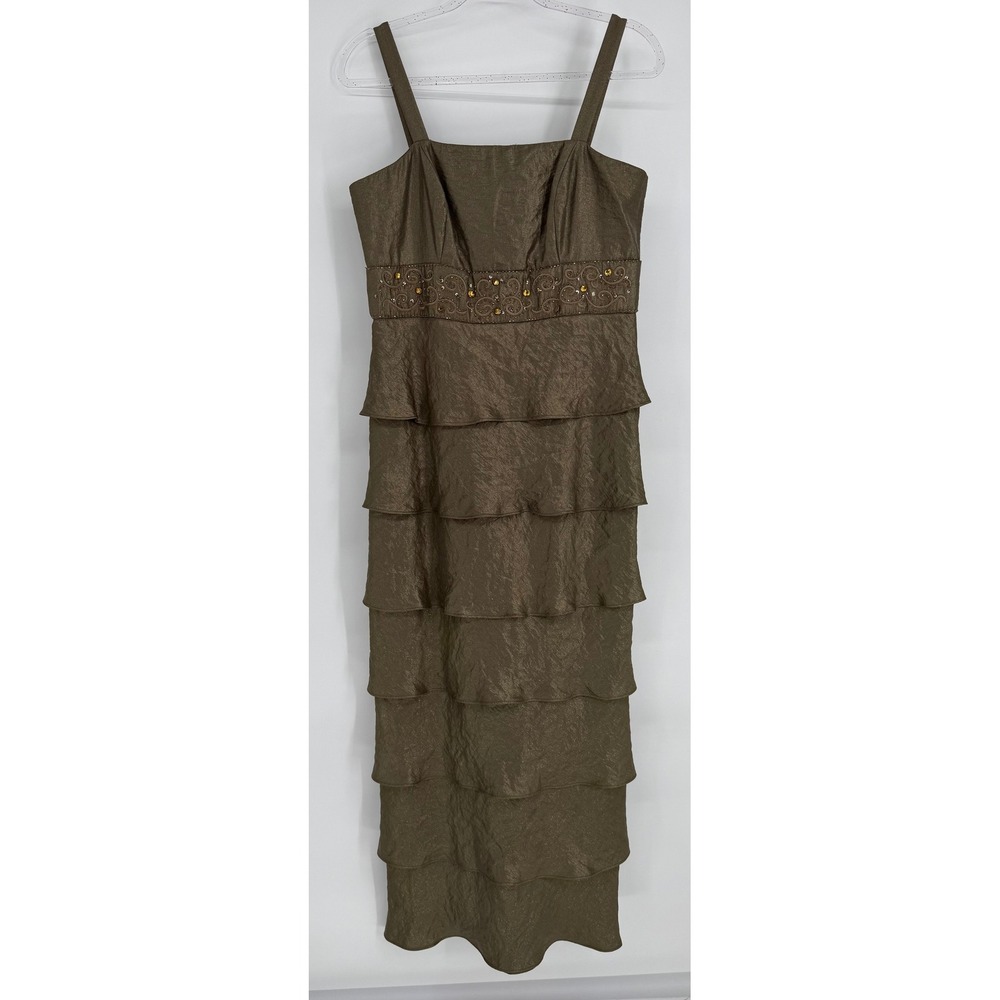 R&M Richards Womens Bronze Beaded Tiered Evening Gown Dress Sz 10 Formal Taupe